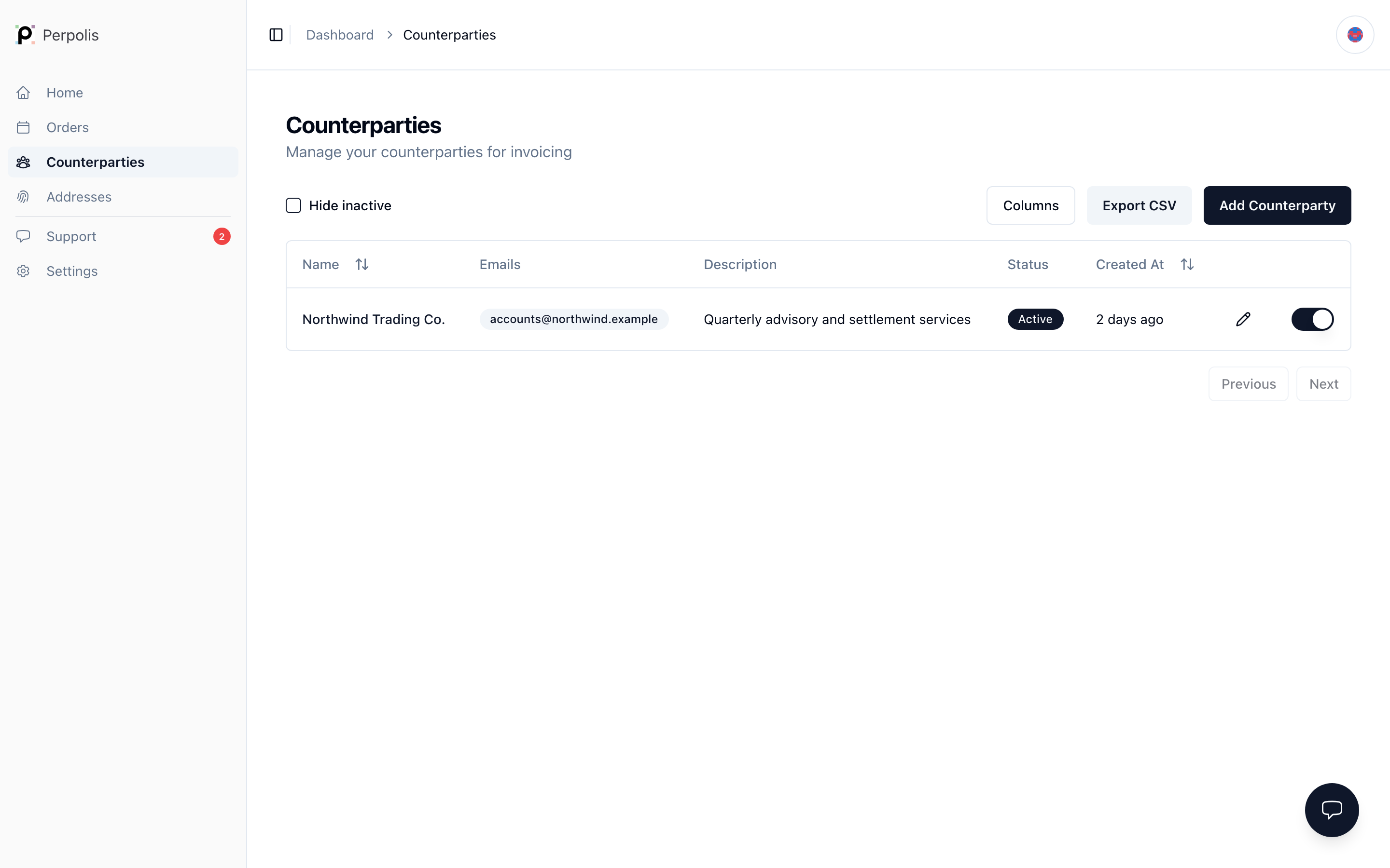 Counterparties — /dashboard/counterparties