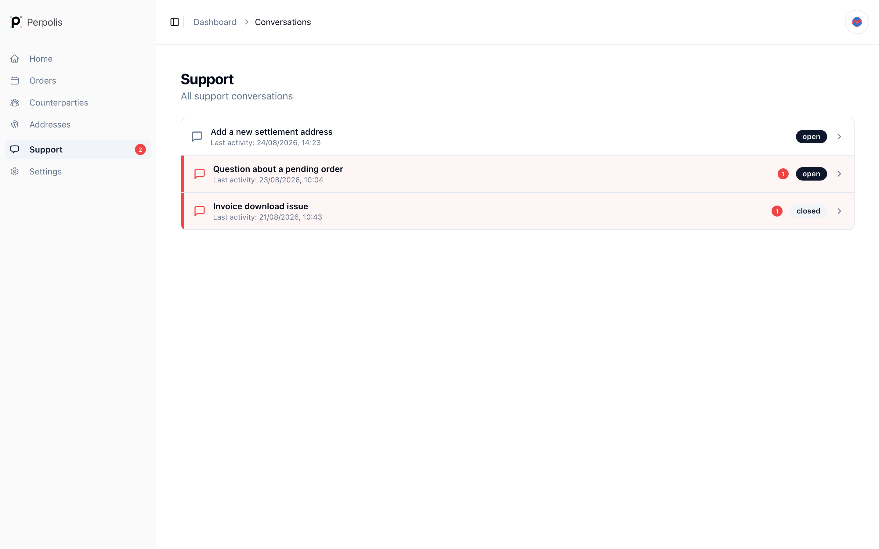 Support — /dashboard/conversations